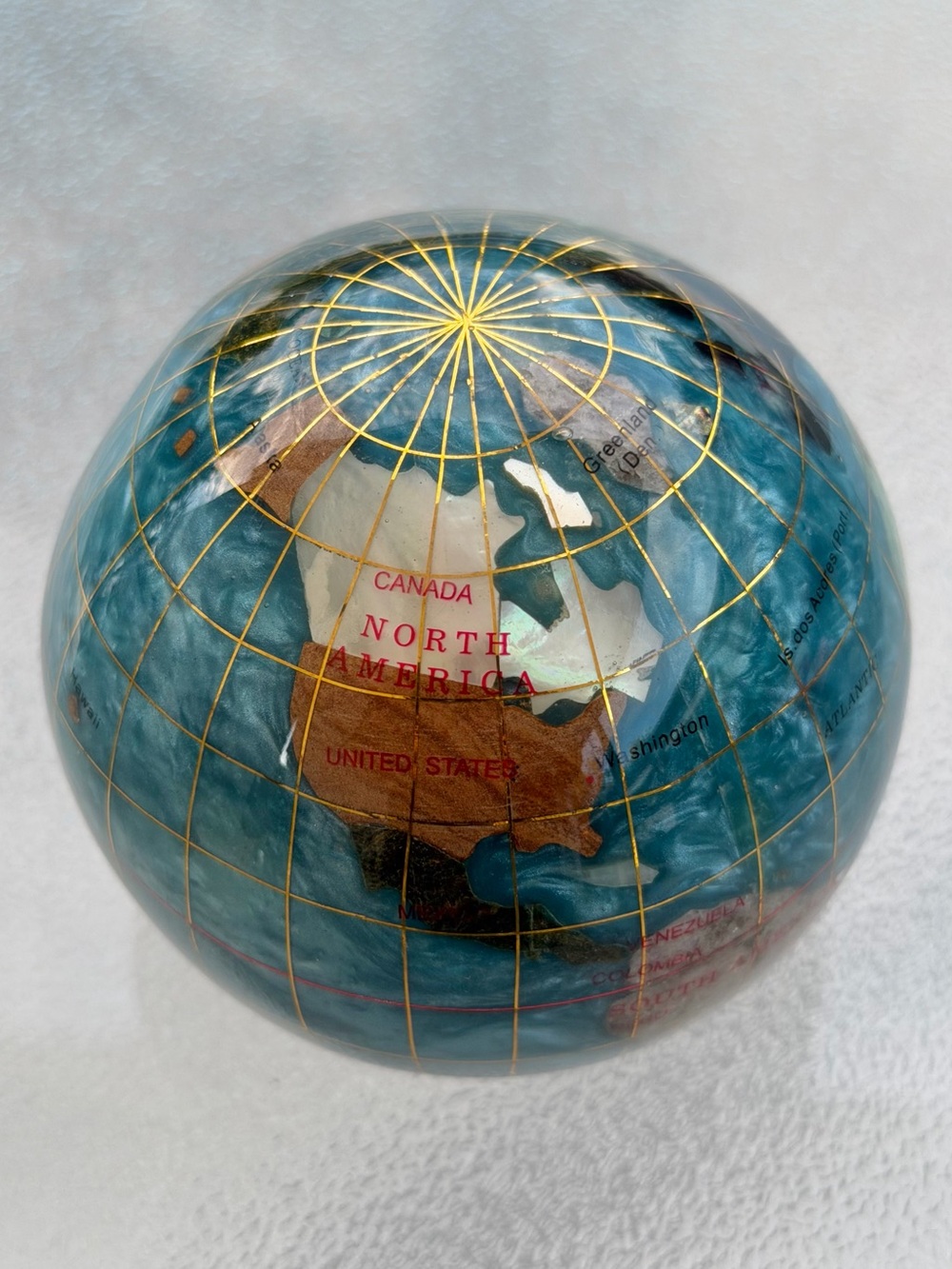Alexander Kalifano Bahama Blue Inlaid Gemstone Continents Globe Paperweight